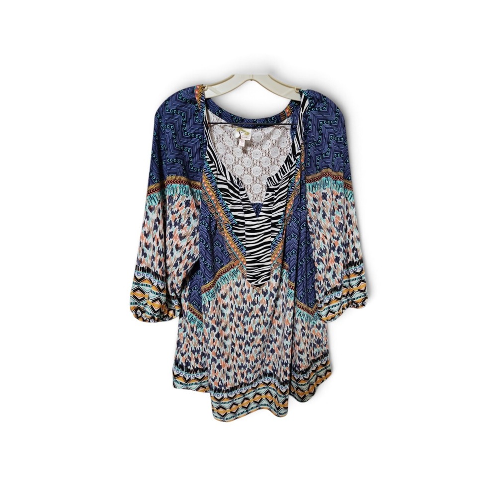 Fig & Flawless Mixed Print Crochet Lace Tunic Top Blue Orange XL 0516